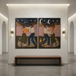 Moonlit Campfire Dance & Banjo Serenade Oil Painting #NM497