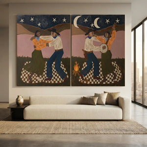 Moonlit Campfire Dance & Banjo Serenade Oil Painting #NM497