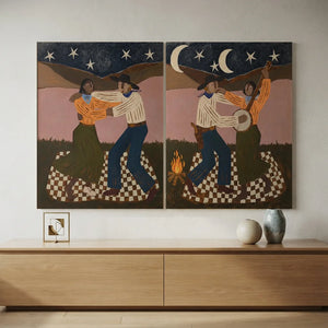 Moonlit Campfire Dance & Banjo Serenade Oil Painting #NM497