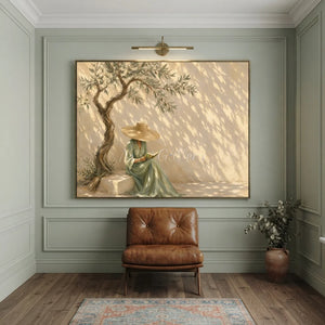 Serene Woman Reading Under Olive Tree Oil Painting #NM428