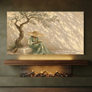 Serene Woman Reading Under Olive Tree Oil Painting #NM428