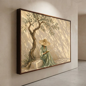 Serene Woman Reading Under Olive Tree Oil Painting #NM428