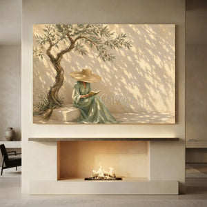 Serene Woman Reading Under Olive Tree Oil Painting #NM428