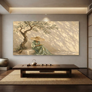 Serene Woman Reading Under Olive Tree Oil Painting #NM428