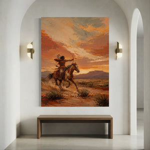 Dynamic Native American Hunter Oil Painting at Sunset #NM392