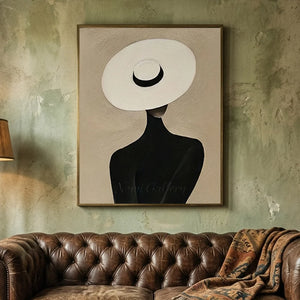 Elegant Woman in White Hat Abstract Oil Painting #NM395