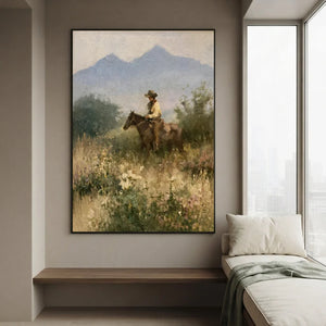Western Rider in Wildflower Field Oil Painting #NM397
