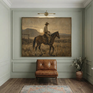 Western Cowboy Rider Sunset Landscape Oil Painting #NM429