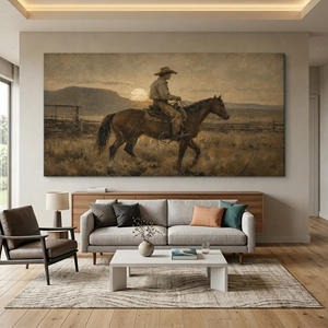 Western Cowboy Rider Sunset Landscape Oil Painting #NM429