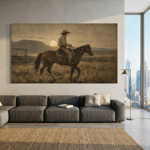 Western Cowboy Rider Sunset Landscape Oil Painting #NM429