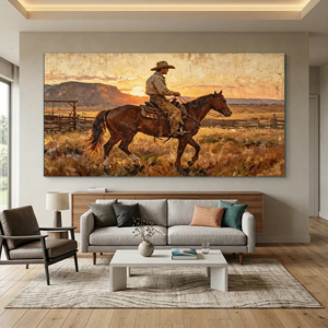 Western Cowboy Sunset Landscape Oil Painting #NM430