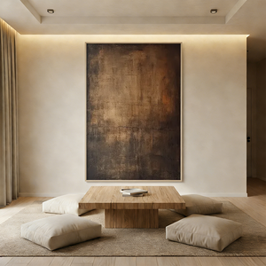 Hand-painted Wabi-Sabi abstract oil painting with heavy texture in deep brown, sienna, and charcoal tones, displayed in a minimalist boho living room setting.