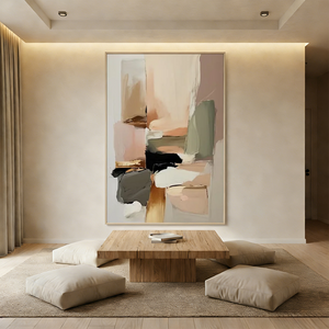 Hand-painted Wabi-Sabi abstract oil painting with geometric shapes in sage green, blush, and beige, featured in a bright boho living room above a cream sofa.