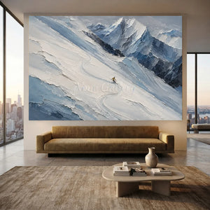 Majestic Snowy Peaks Skiing Textured Oil Painting #NM524