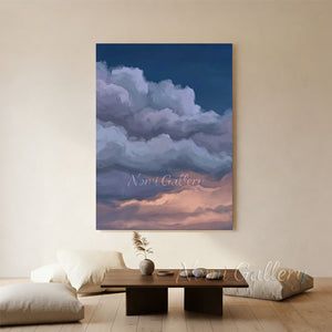 Handmade modern abstract oil painting depicting voluminous, soft clouds illuminated in pastel pink and peach shades under a deep twilight indigo blue sky.