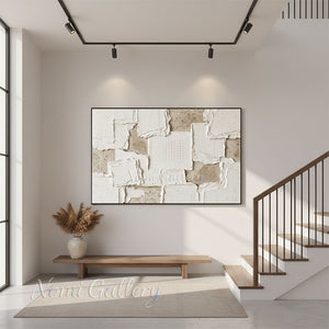 Original 3D Heavy Impasto Beige Painting with Grid #SS231