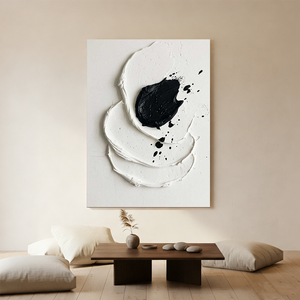 Large hand-painted 3D textured abstract oil painting with heavy black brushstrokes on a white background, styled in a minimalist Boho living room.