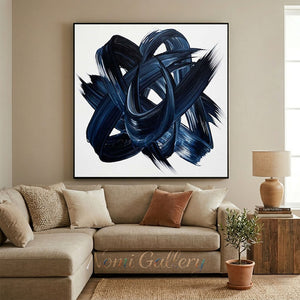 A 100% hand-painted modern abstract oil painting featuring bold, dynamic swirling brushstrokes of deep navy blue and black in the center against a stark white background.