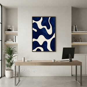 Framed Blue Organic Fluid Shapes Handmade Oil Painting #SS155