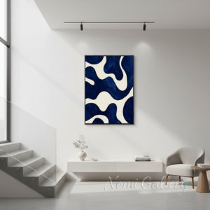 Framed Blue Organic Fluid Shapes Handmade Oil Painting #SS155