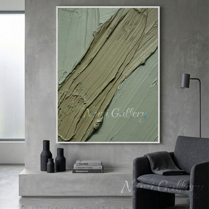 Large hand-painted minimalist abstract oil painting featuring organic sweeping curves and circular shapes in sage green, olive, and grey, beautifully hung above a grey fabric sofa in a contemporary living room.