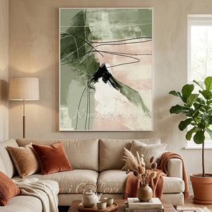 hand-painted abstract oil painting with minimalist organic fluid shapes in dark forest green on a warm white background, beautifully displayed on a modern staircase gallery wall.