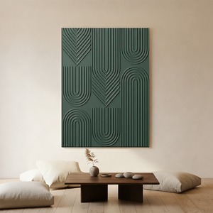 Large 3D textured forest green oil painting featuring geometric arches and vertical lines, hanging in a minimalist beige living room with wooden furniture.