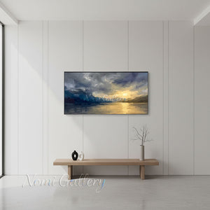 Moody Gold & Blue Mountain Sunset Painting #SS226
