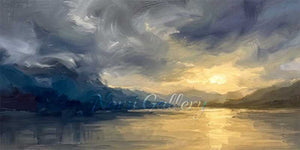 Moody Gold & Blue Mountain Sunset Painting #SS226