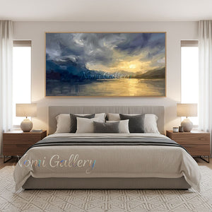 Moody Gold & Blue Mountain Sunset Painting #SS226