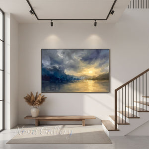 Moody Gold & Blue Mountain Sunset Painting #SS226
