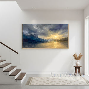 Moody Gold & Blue Mountain Sunset Painting #SS226