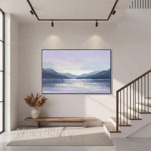 Minimalist Sunset Lake Hand-Painted Textured Mountain Oil Painting #SS227