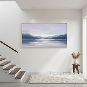 Minimalist Sunset Lake Hand-Painted Textured Mountain Oil Painting #SS227
