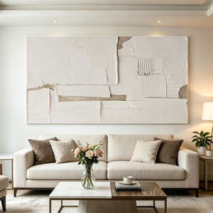 A 100% hand-painted minimalist wabi-sabi oil painting showcasing thick 3D textured plaster white and ivory blocks on a warm neutral background with a vertical ribbed engraved detail.