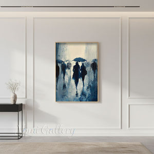 Handmade Abstract Rainy City Street Oil Painting - Blue Rainy Day #SS258