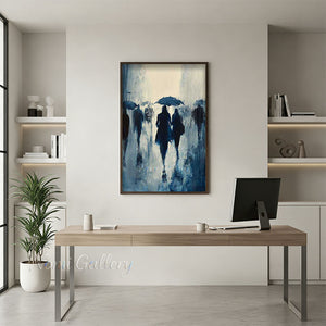 Handmade Abstract Rainy City Street Oil Painting - Blue Rainy Day #SS258