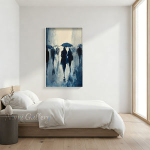 Handmade Abstract Rainy City Street Oil Painting - Blue Rainy Day #SS258