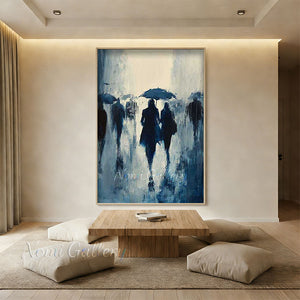 Handmade Abstract Rainy City Street Oil Painting - Blue Rainy Day #SS258