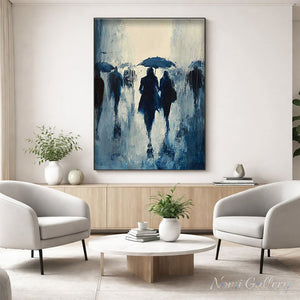 Handmade Abstract Rainy City Street Oil Painting - Blue Rainy Day #SS258