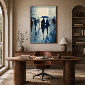 A 100% handmade abstract Impressionist oil painting of a rainy city street, showing figures with umbrellas walking down a misty avenue with rich palette knife textures and deep blue reflections.