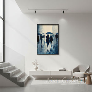 Handmade Abstract Rainy City Street Oil Painting - Blue Rainy Day #SS258