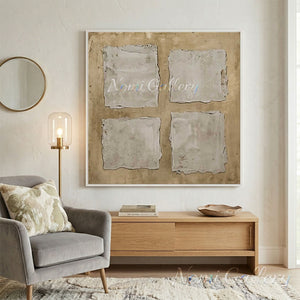 A 100% hand-painted modern wabi-sabi oil painting featuring four heavily textured, distressed grey squares arranged in a grid over an earthy sandy beige background.