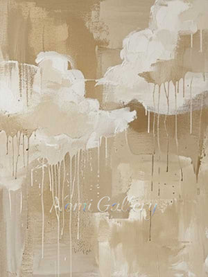 Handmade modern minimalist abstract oil painting featuring sweeping layers of warm beige, oatmeal, and cream paint with organic vertical white paint drips cascading down the canvas.