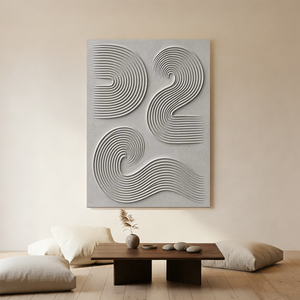 Large hand-painted 3D textured beige abstract oil painting with organic concentric swirls, hanging above a dark wood table in a warm minimalist room.