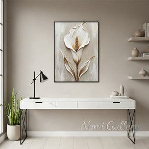 Handmade Modern Textured White and Gold Calla Lily Canvas Art #TC025