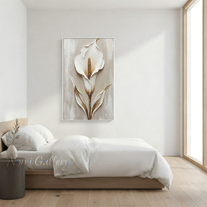 Handmade Modern Textured White and Gold Calla Lily Canvas Art #TC025