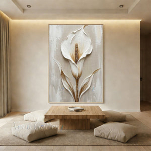 Handmade Modern Textured White and Gold Calla Lily Canvas Art #TC025