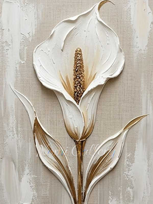 Handmade modern minimalist oil painting showcasing a single white Calla Lily with heavy 3D impasto texture, detailed with metallic gold accents on the center spadix and leaves against a neutral warm beige background.