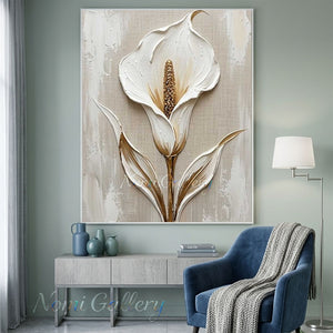 Handmade Modern Textured White and Gold Calla Lily Canvas Art #TC025